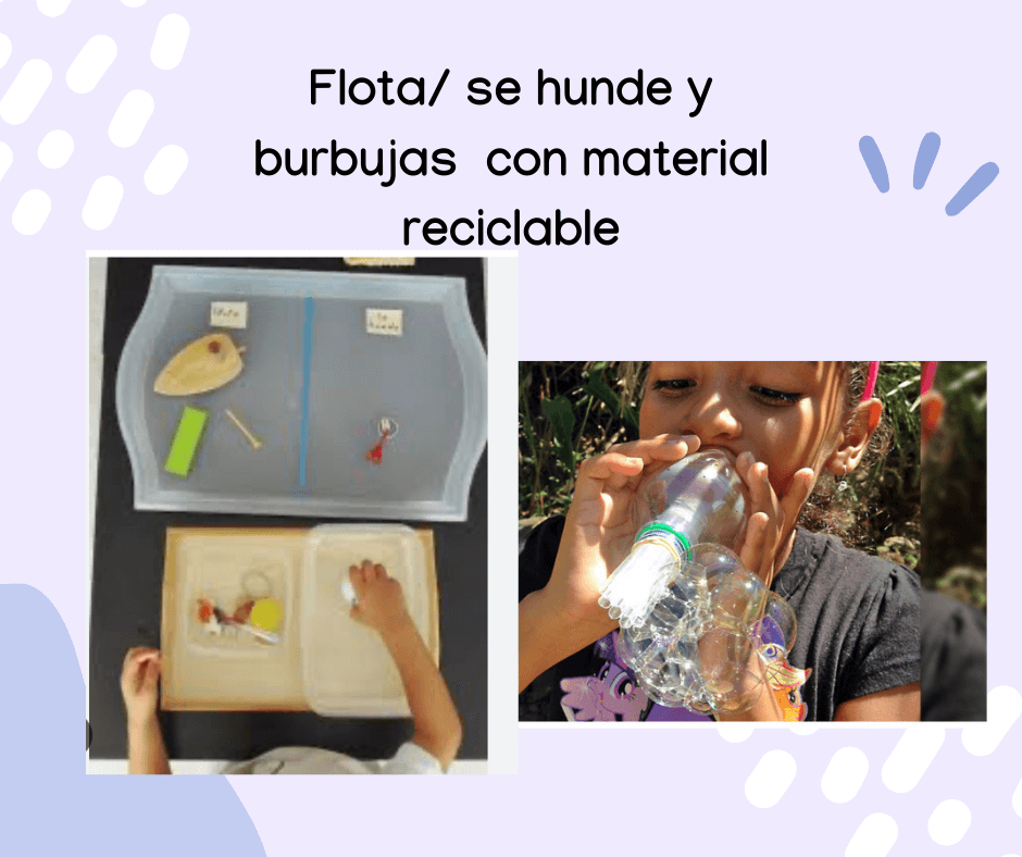 Flotación y burbujas para explorar jugando Collage con el texto sobre flota y se hunde, que muestra recipientes con objetos para clasificar y una niña soplando una botella con burbujas de jabón.