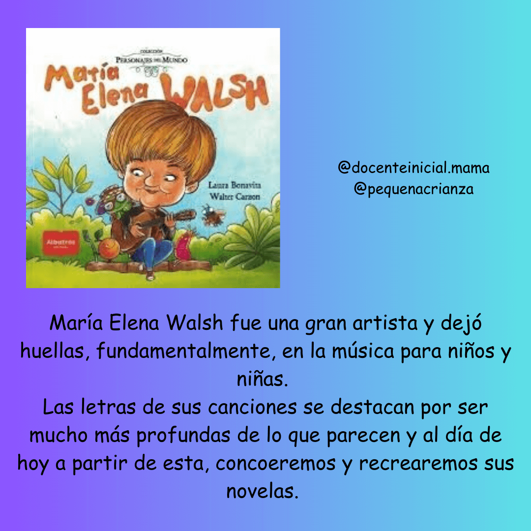 Libro sobre María Elena Walsh con un personaje tocando la guitarra Placa con la portada de un libro dedicado a María Elena Walsh, ilustrada con una niña tocando la guitarra, y un texto que presenta su obra para las infancias.