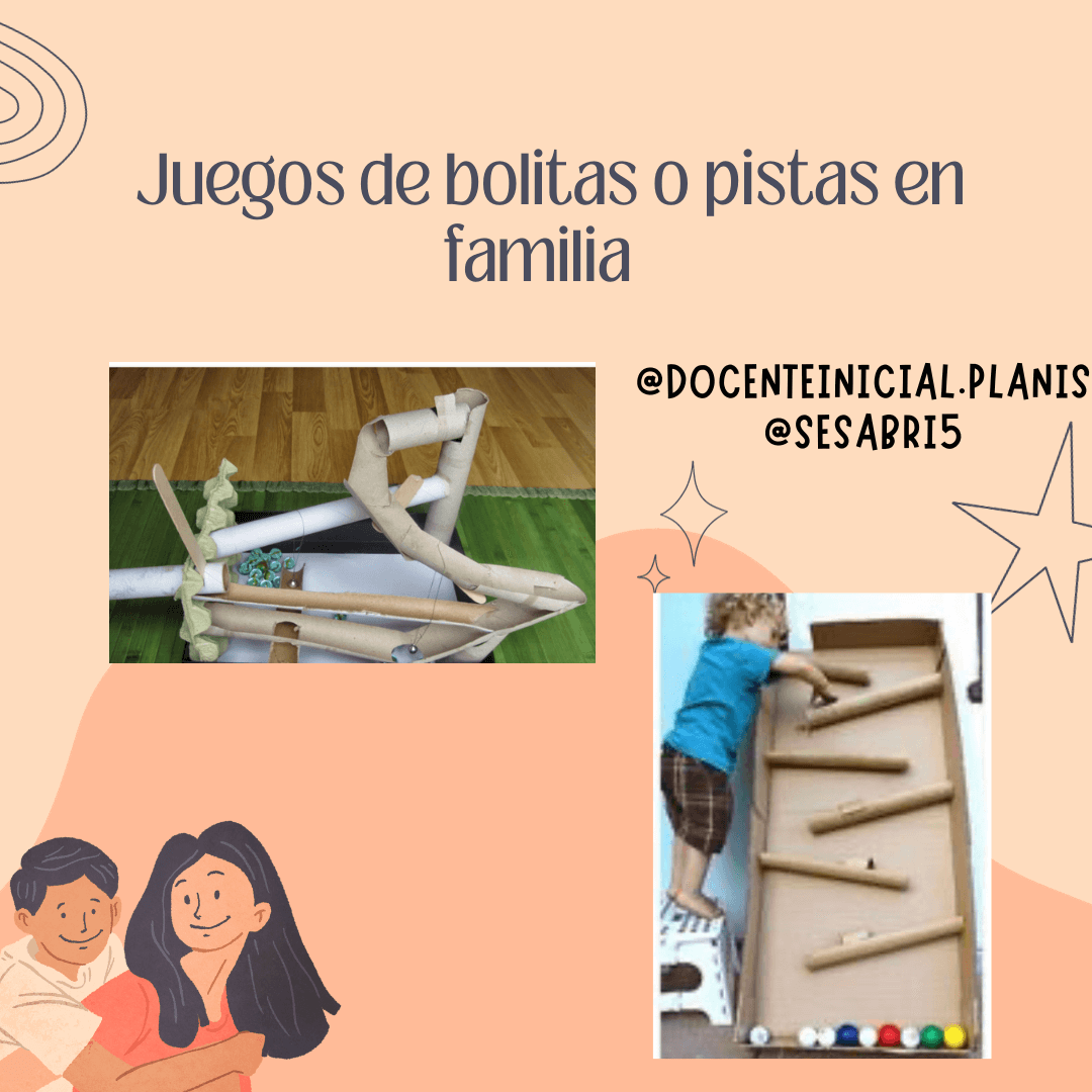 Juegos de bolitas o pistas en familia Composición con dos fotos de circuitos caseros hechos con tubos de cartón y materiales reciclados. A la izquierda se ve una pista sobre el piso; a la derecha, una persona manipulando una caja con rampas.