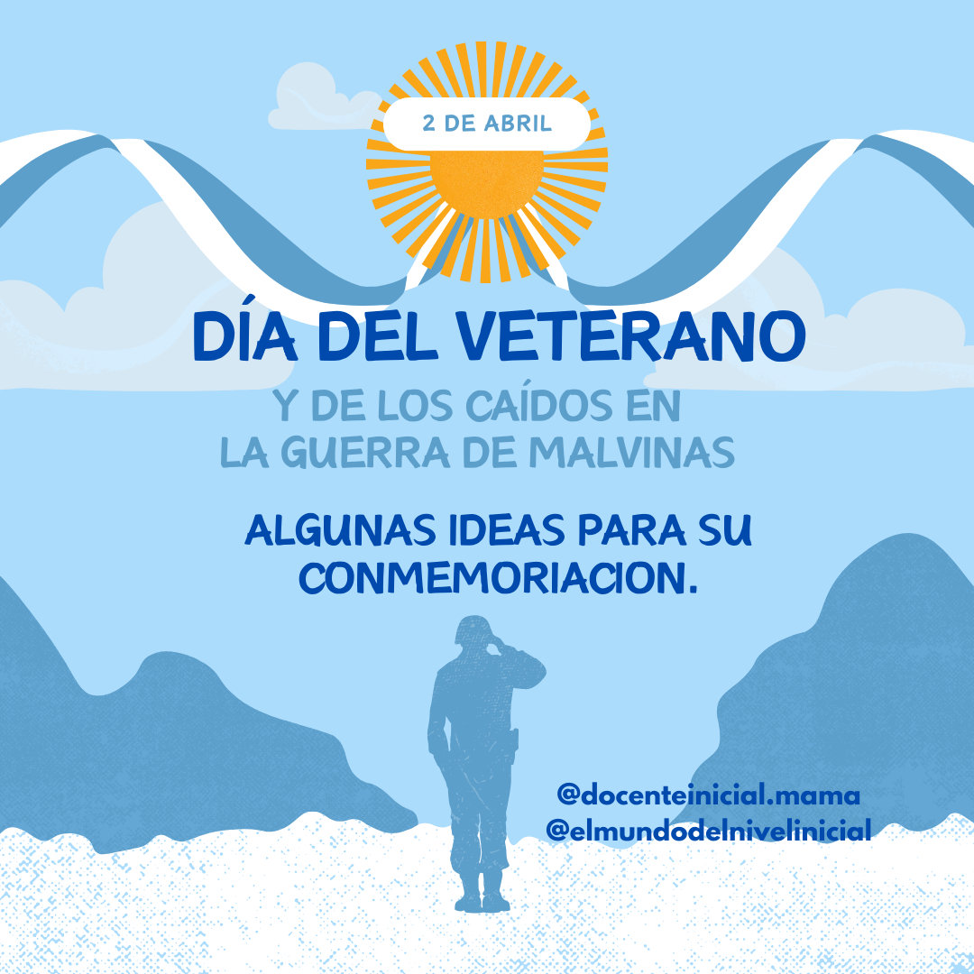 Afiche del 2 de abril con silueta de soldado y bandera argentina Afiche celeste del 2 de abril con un sol estilizado, una bandera argentina ondulada y la silueta de un soldado sobre un fondo de montañas e islas.