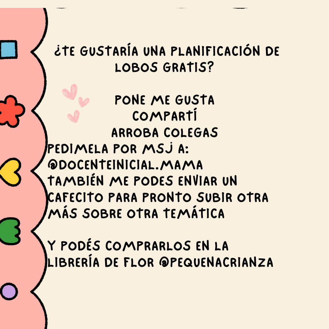 Invitación a compartir una planificación de cuentos de lobos Placa de Docente Inicial Mamá con invitación a compartir una planificación de lobos y referencia a la librería Pequeña Crianza.