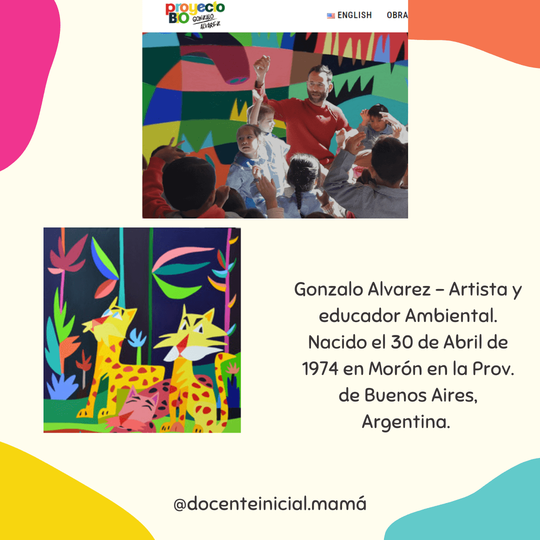 Placa con una fotografía de un taller infantil, una obra de animales y texto sobre Gonzalo Álvarez como artista y educador ambiental.