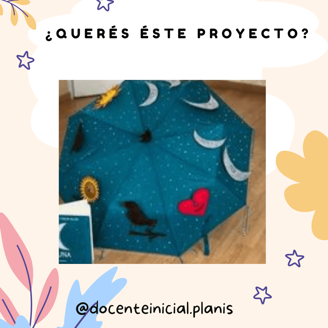 Paraguas azul decorado con lunas y estrellas Se ve un paraguas abierto de color azul con pequeñas figuras de lunas y estrellas. A un lado aparece un libro parcialmente visible sobre el mismo tema.