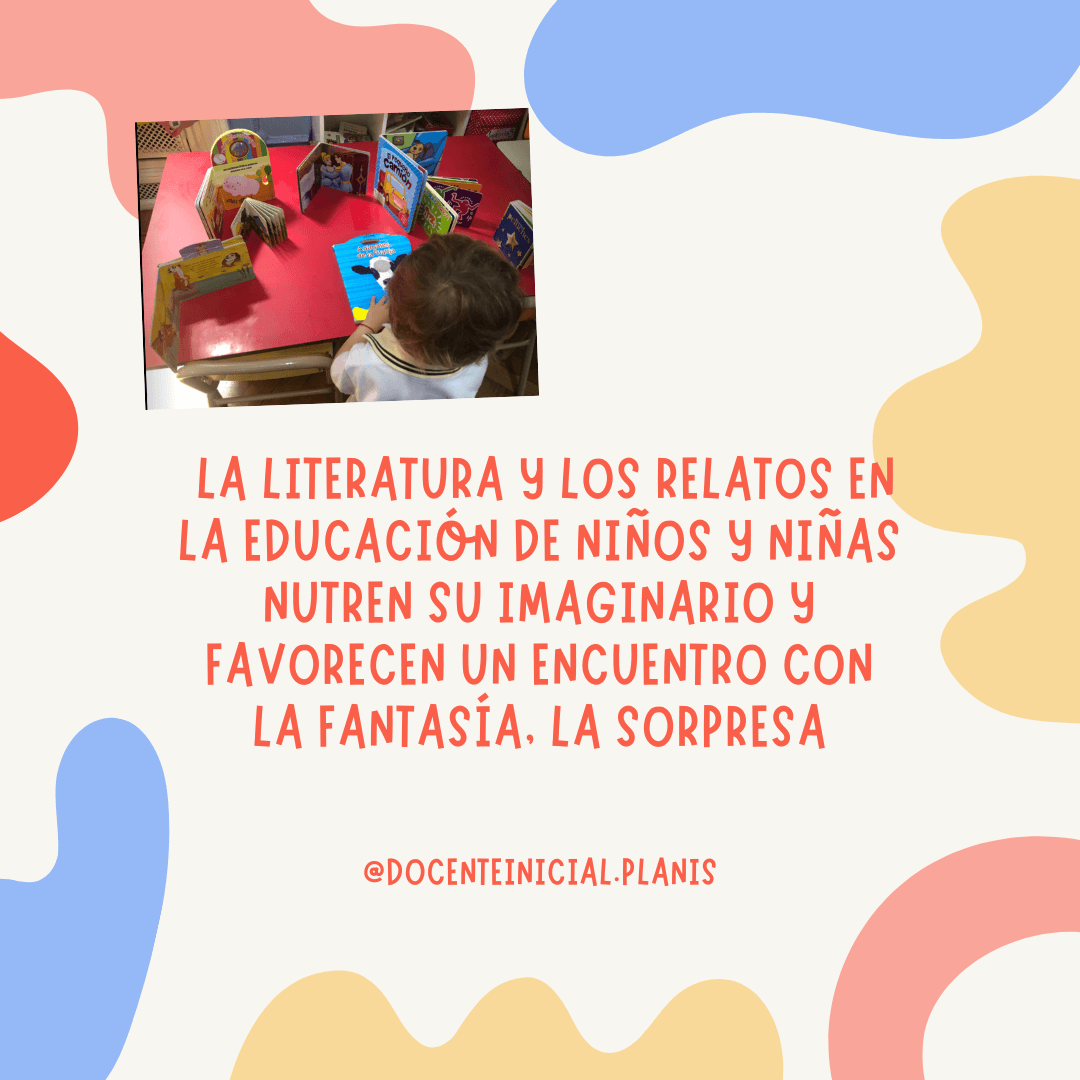Literatura y relatos para las infancias Placa sobre literatura e imaginación con la fotografía de un niño que mira libros desplegados sobre una mesa roja.