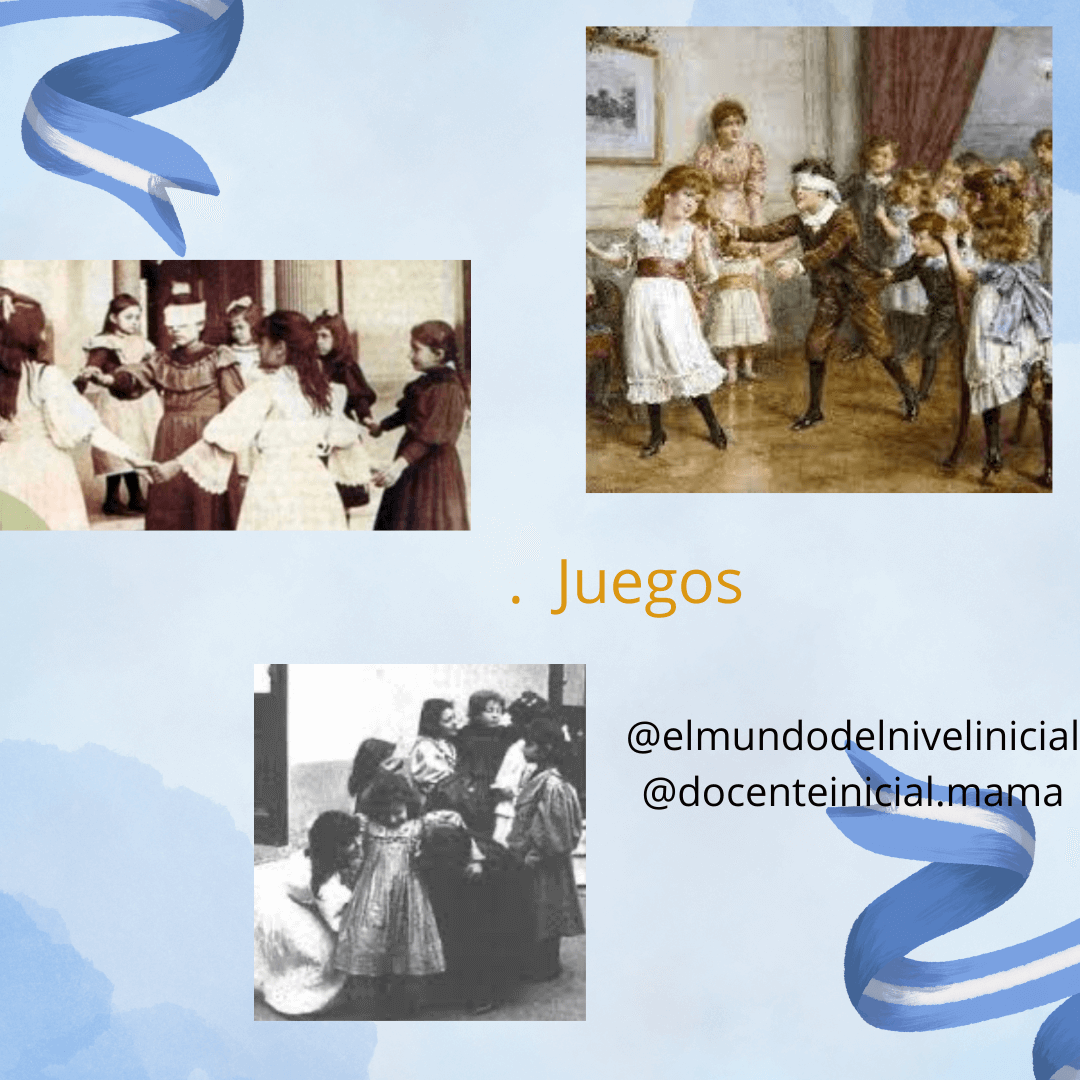 Collage de juegos en la época colonial Tres imágenes de niños y niñas jugando en escenas de época, con el rótulo "Juegos" y cuentas de redes sociales en el fondo.
