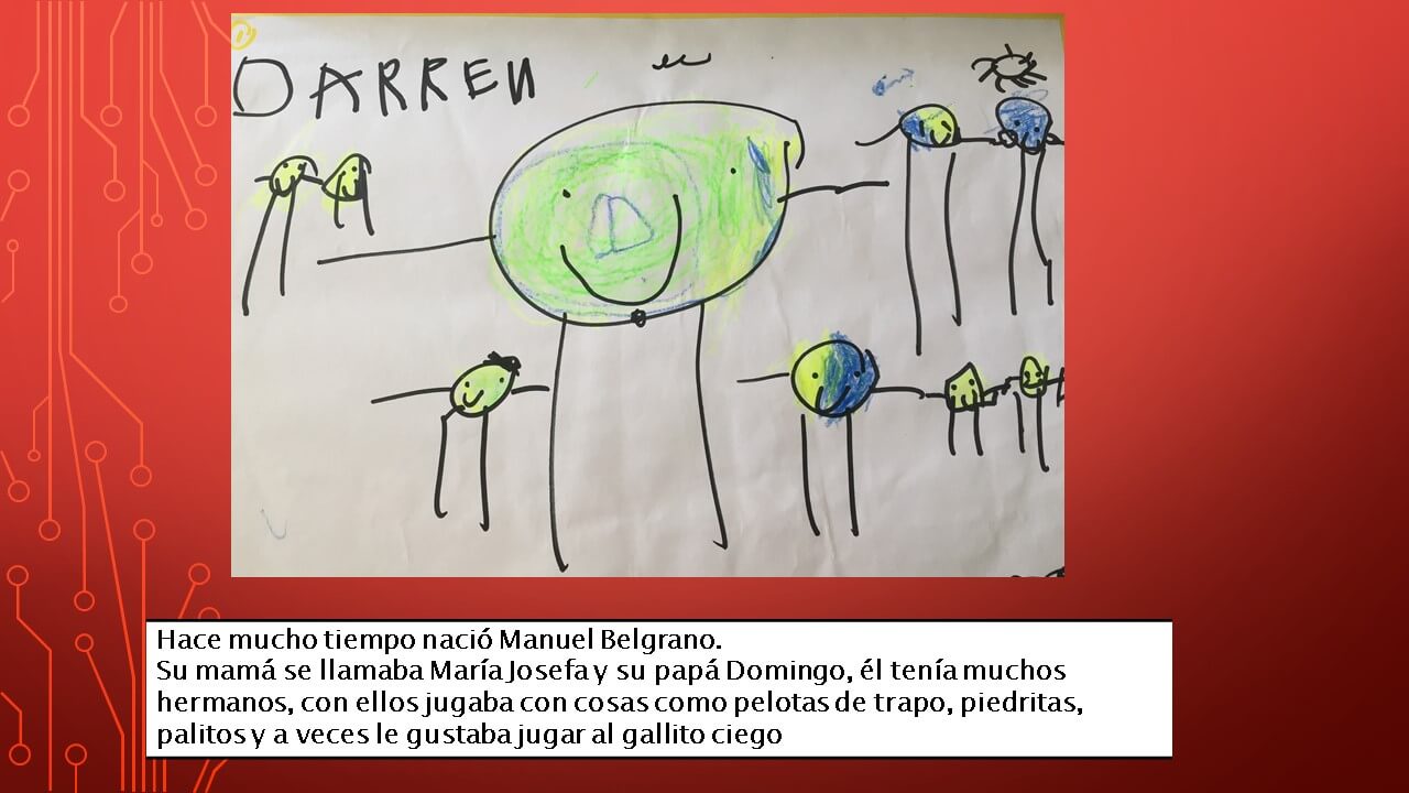 Dibujo infantil con una figura grande verde en el centro y varias figuras pequeñas alrededor, algunas con colores azul y amarillo; arriba aparece una palabra escrita a mano y abajo un recuadro con texto.