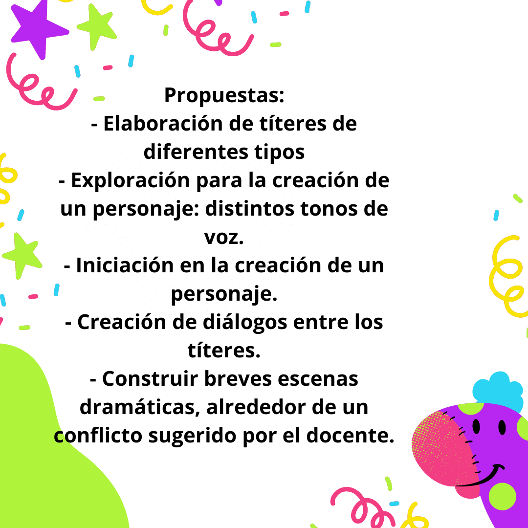 Placa con propuestas para trabajar con títeres Placa con una lista de propuestas para elaborar y usar títeres, crear personajes, diálogos y escenas; fondo blanco con bordes decorativos de colores.