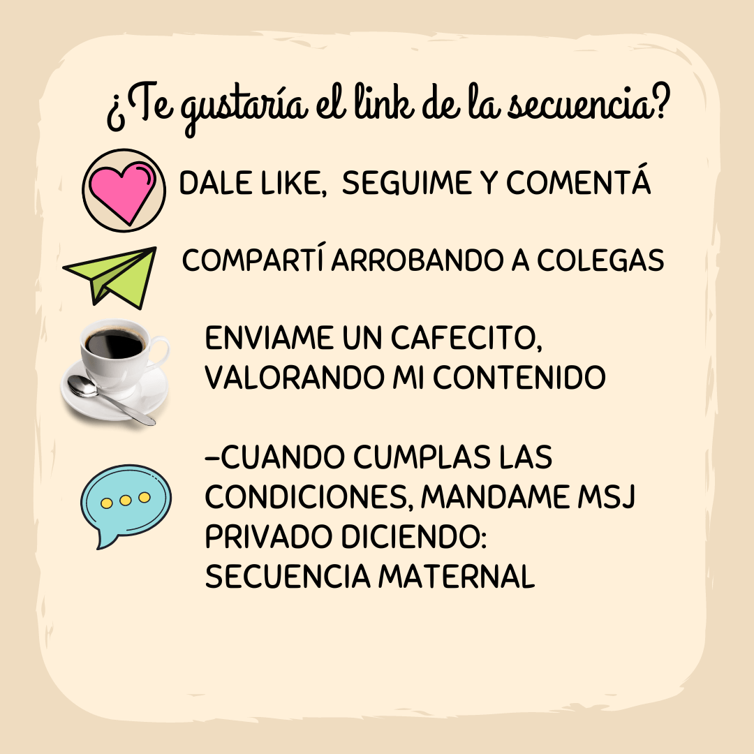 Placa beige con texto en español y pequeños íconos de corazón, avión de papel, taza de café y globo de diálogo; invita a interactuar y a enviar un mensaje privado para pedir la secuencia.