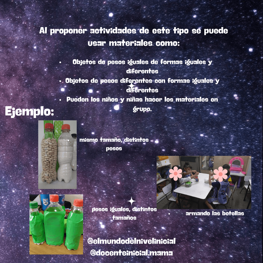 Materiales y ejemplos para actividades sobre peso Placa con fondo de cielo estrellado que enumera materiales para actividades sobre peso. Incluye fotos de botellas de plástico con distintos rellenos y niños armando botellas en una mesa.