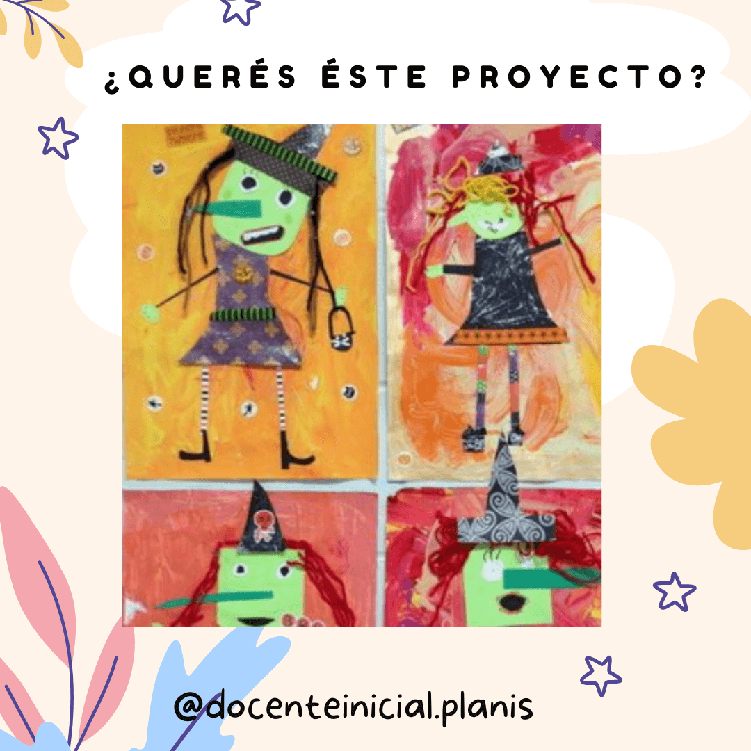 Collage de dibujos de brujas con fondos pintados Se muestran cuatro figuras recortadas con rostros dibujados, cabellos de lana y sombreros, montadas sobre fondos pintados en tonos naranja y rojo.
