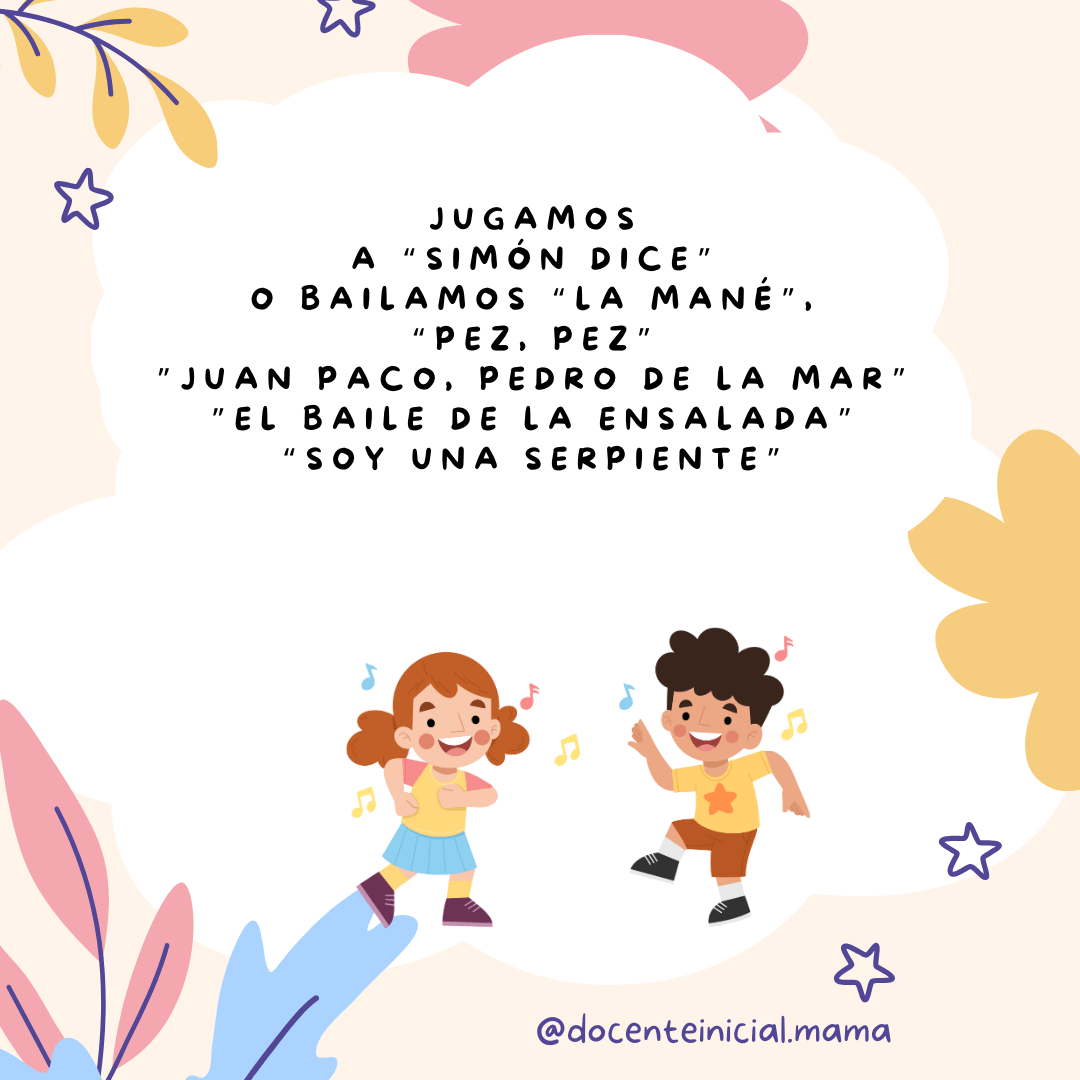 Juegos de canciones y movimiento para la adaptación Placa con juegos como Simón dice y canciones para bailar, acompañada por ilustraciones de niños.