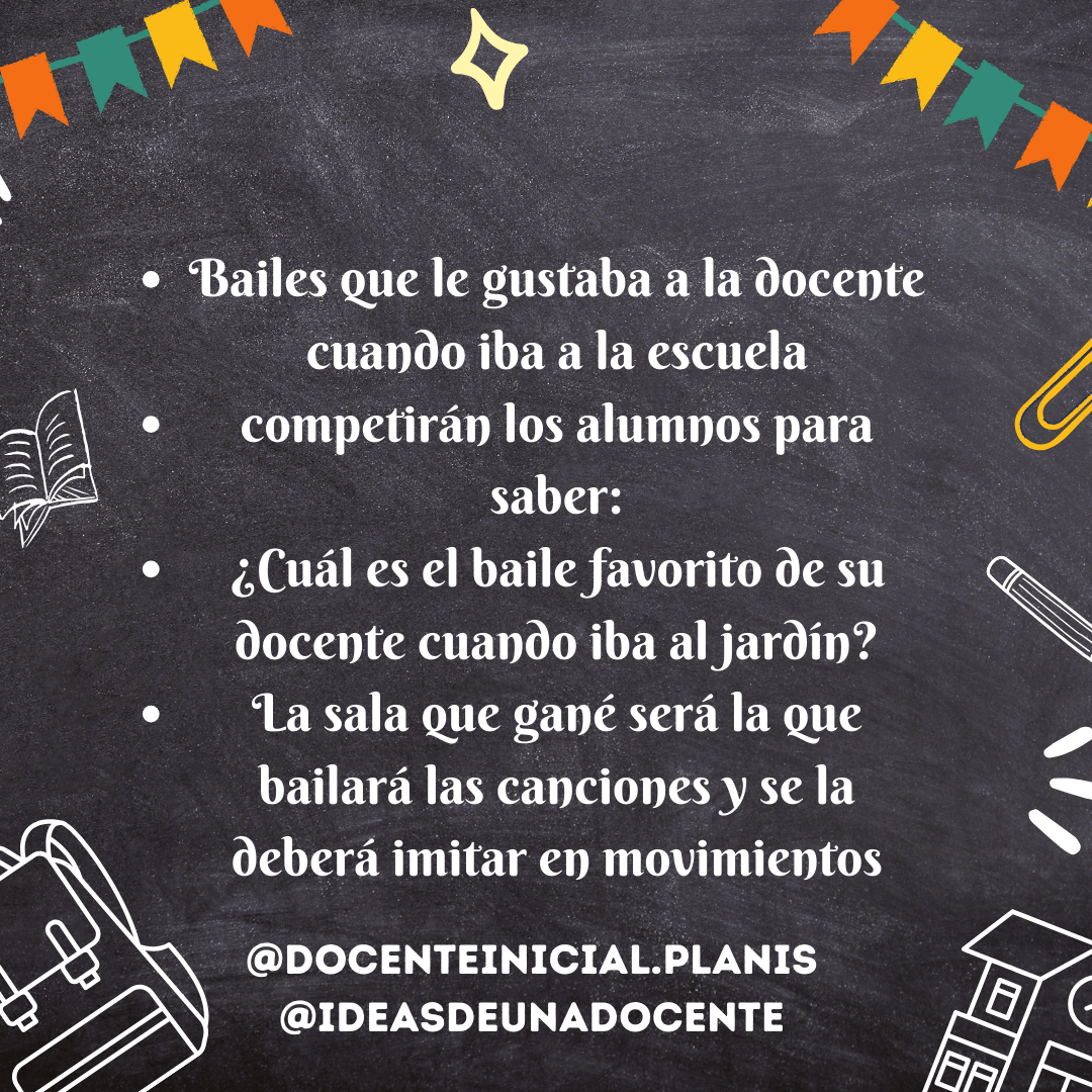 Placa con consigna sobre bailes de la docente en la escuela Placa con fondo de pizarrón y gráficos escolares en los bordes. El texto propone compartir bailes que le gustaban a la docente cuando iba a la escuela y organizar una actividad para imitar movimientos.