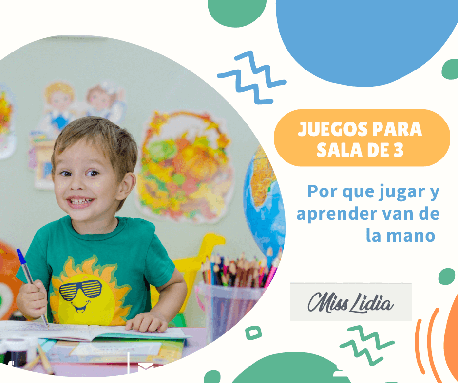 Juegos para sala de 3: jugar y aprender Portada con el texto “Juegos para sala de 3” y la imagen de un niño sonriendo mientras dibuja o pinta en una mesa con lápices y materiales escolares.
