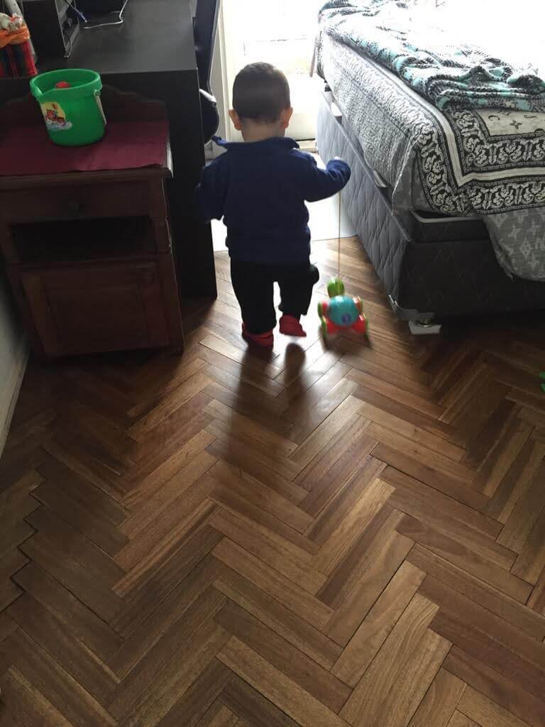 Primeros pasos y despliegue motriz Un niño pequeño camina de espaldas sobre el piso de madera de una habitación, junto a un juguete de arrastre.