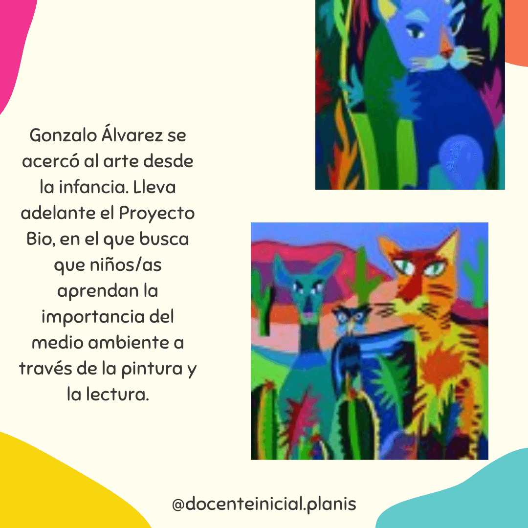 Placa con obras de animales en tonos azules y anaranjados y texto sobre el Proyecto BIO de Gonzalo Álvarez.