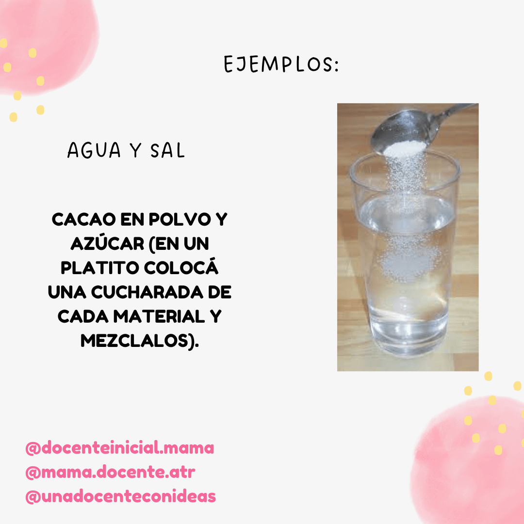 Placa con la experiencia de agua y sal, una cuchara sobre un vaso transparente y una propuesta adicional de mezclar cacao en polvo y azúcar.