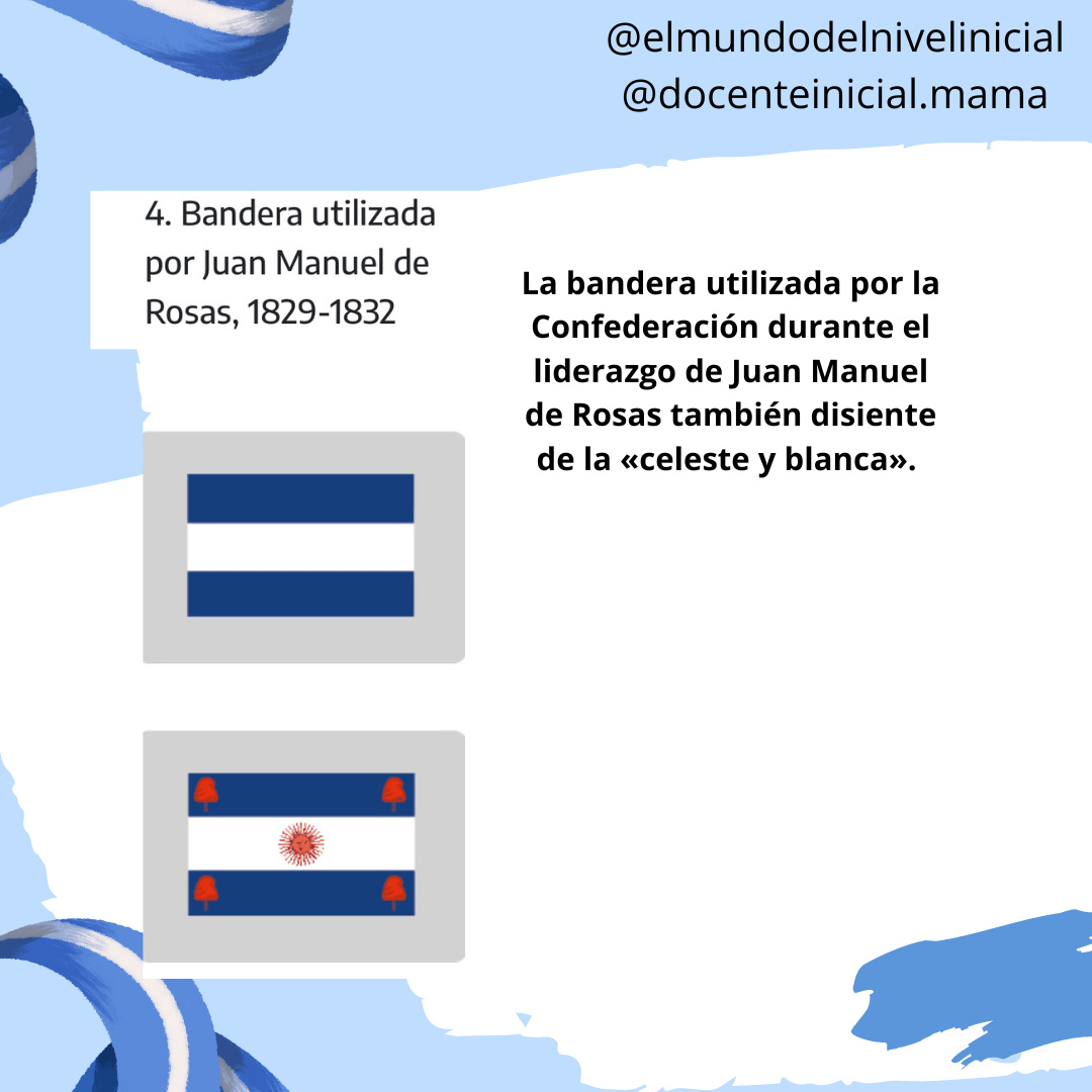 Dos versiones históricas de la bandera de la Confederación Lámina con dos dibujos de banderas azules y blancas, una con franja central blanca y otra con sol y símbolos rojos, junto a un texto sobre la bandera usada por Juan Manuel de Rosas.