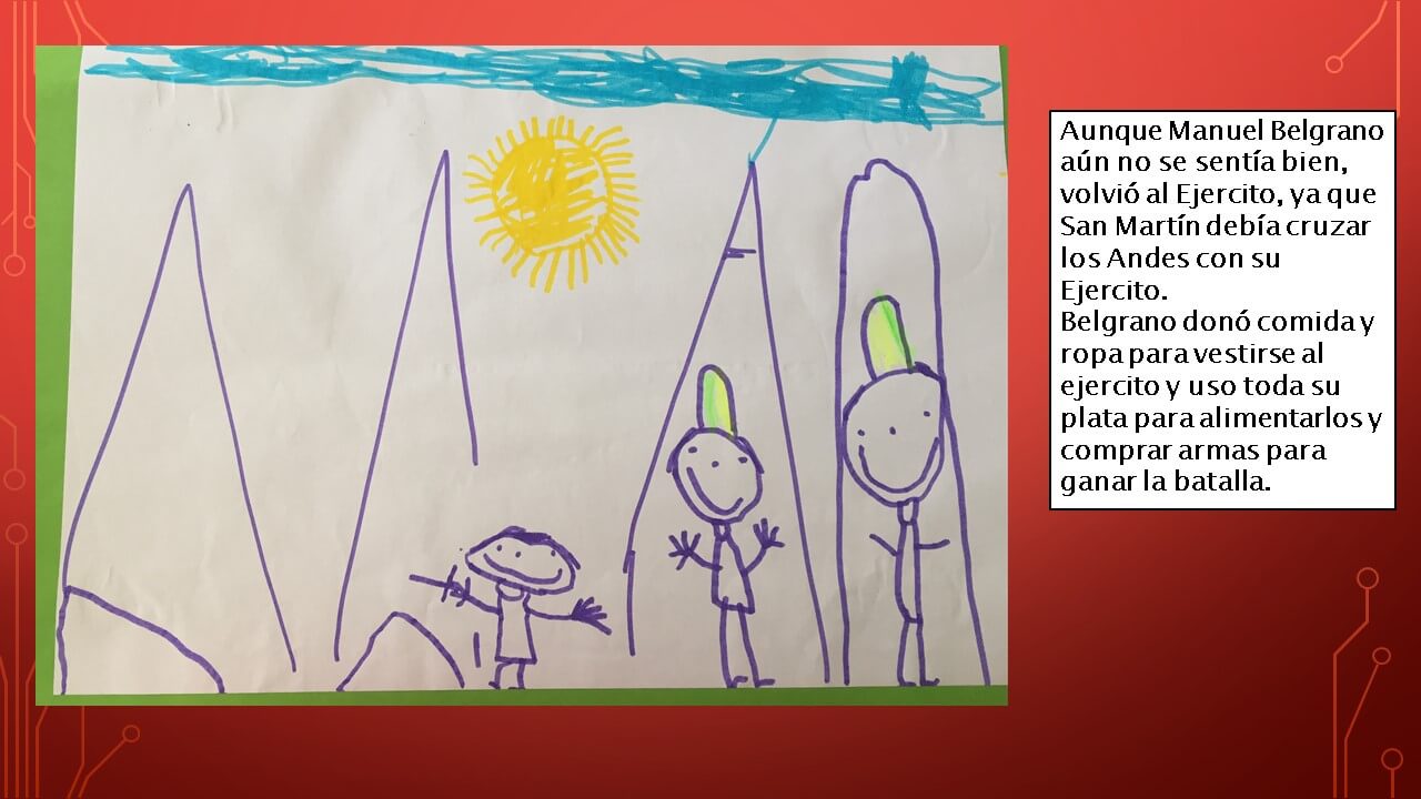 Dibujo infantil con montañas moradas, un sol amarillo y tres personas simples de pie sobre el suelo; a la derecha hay un recuadro con texto sobre Belgrano y el Ejército.