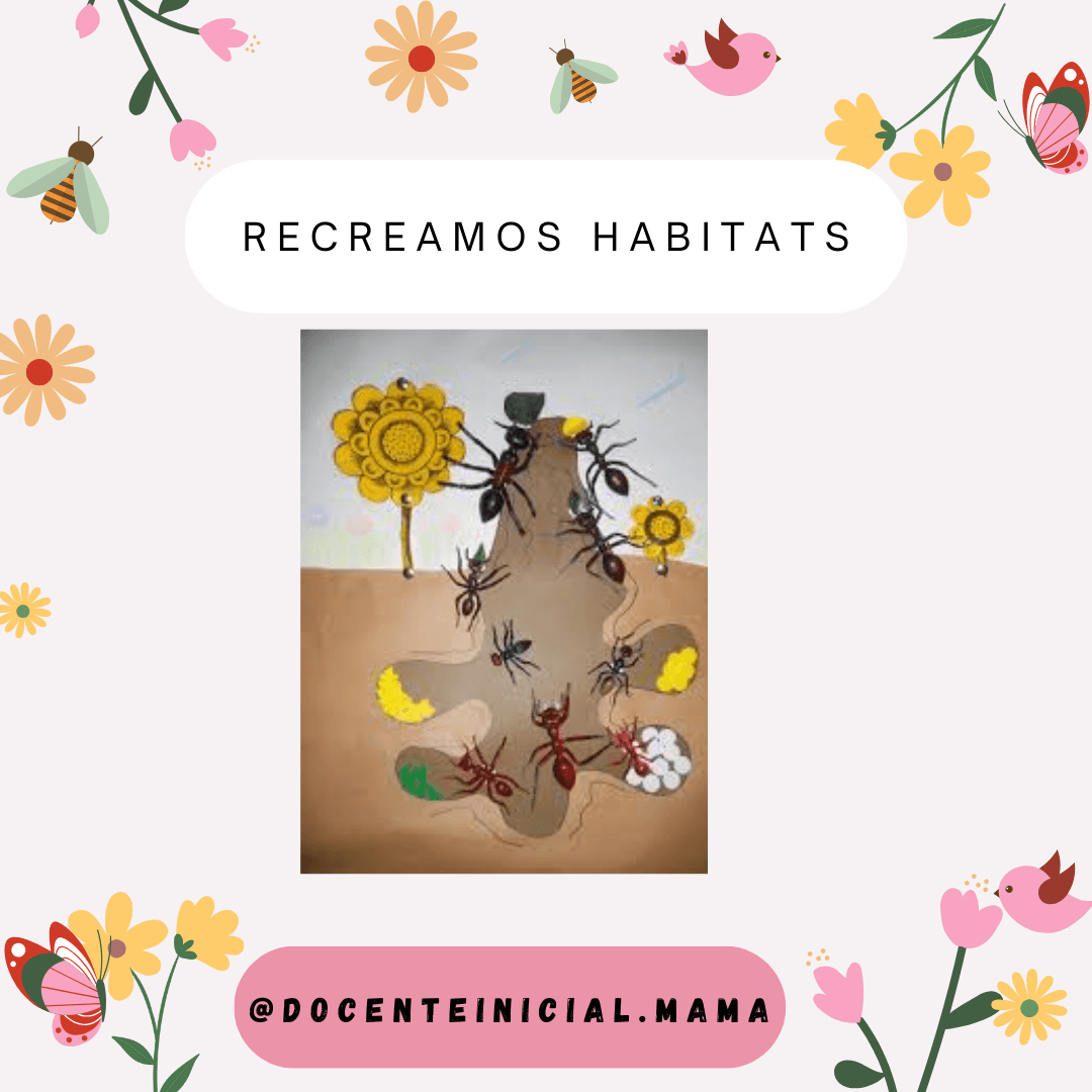Recreación de hábitat de insectos en maqueta Placa con una maqueta de hábitat donde se ven insectos de juguete o recortes colocados sobre una base con formas de tierra, flores y pequeños detalles decorativos.