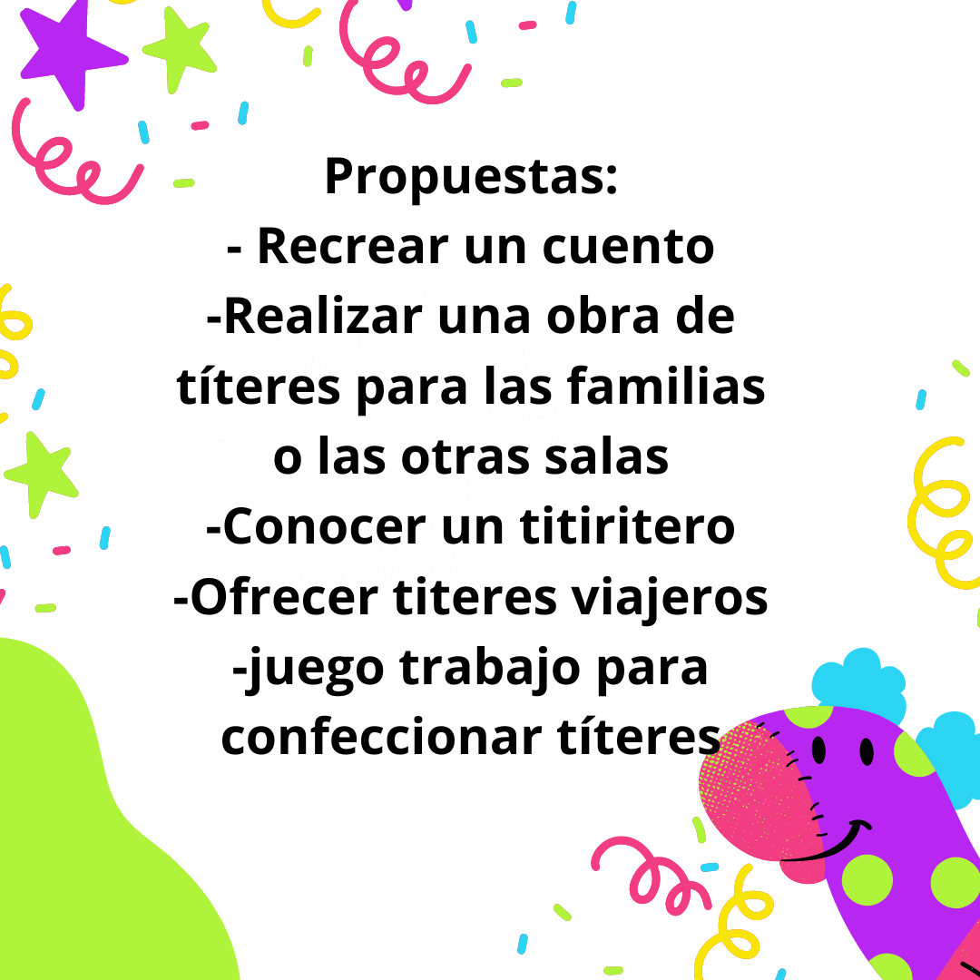 Placa con más propuestas de actividades con títeres Placa con texto centrado que propone recrear un cuento, hacer una obra de títeres, conocer un titiritero y confeccionar títeres; fondo blanco con adornos coloridos.