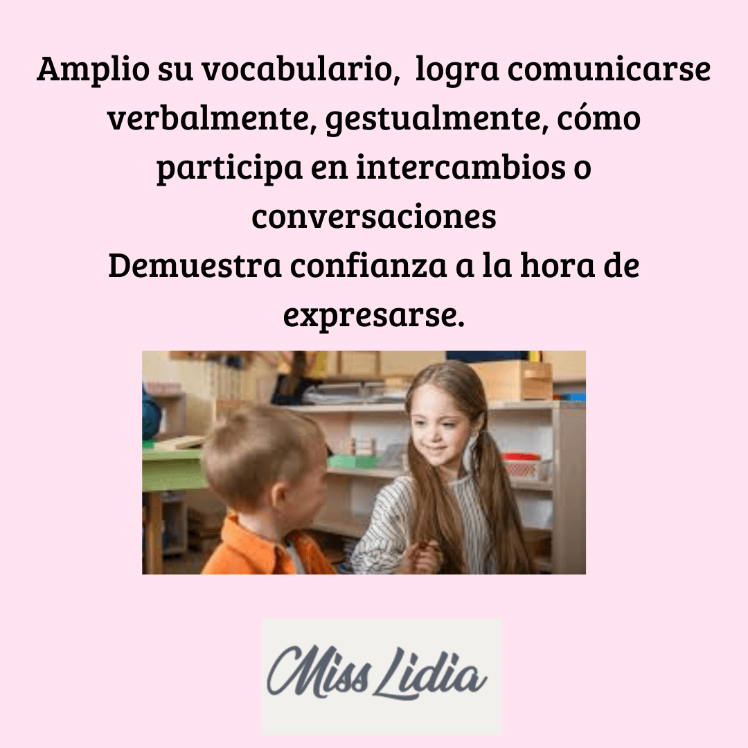 Niños conversan en el aula con texto sobre comunicación verbal y gestual Fotografía de dos niños pequeños sentados en un aula, mirándose mientras conversan. Arriba aparece texto sobre ampliar el vocabulario y comunicarse verbal y gestualmente.