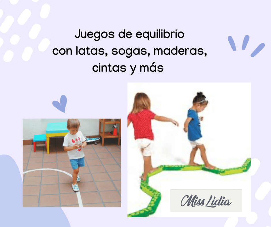 Juegos de equilibrio para sala de 3 Collage con el texto sobre juegos de equilibrio y dos escenas: un niño caminando dentro de una línea marcada en el piso y dos niñas avanzando sobre una cuerda o camino flexible.