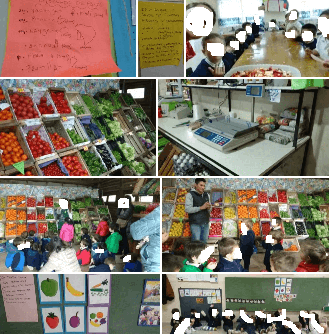 Collage de recetas, preparación de frutas, carteles y una visita a la verdulería, con una balanza y cajones de frutas y verduras.