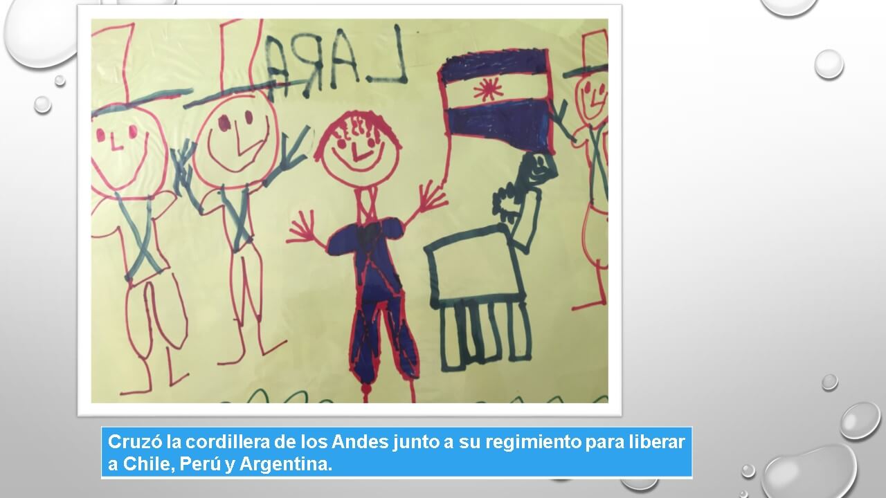 Producción de sala de 5 sobre el cruce de los Andes: dibujo de figuras con una bandera y texto del relato sobre San Martín.