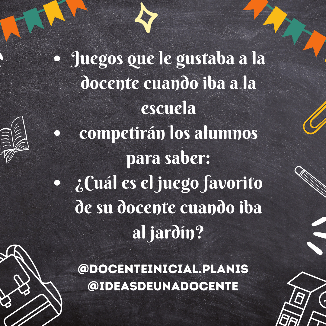 Placa con consigna sobre juegos favoritos de la docente Placa con fondo de pizarrón decorado con íconos escolares. El texto propone juegos que le gustaban a la docente cuando iba a la escuela y una competencia para adivinar cuál era su juego favorito.