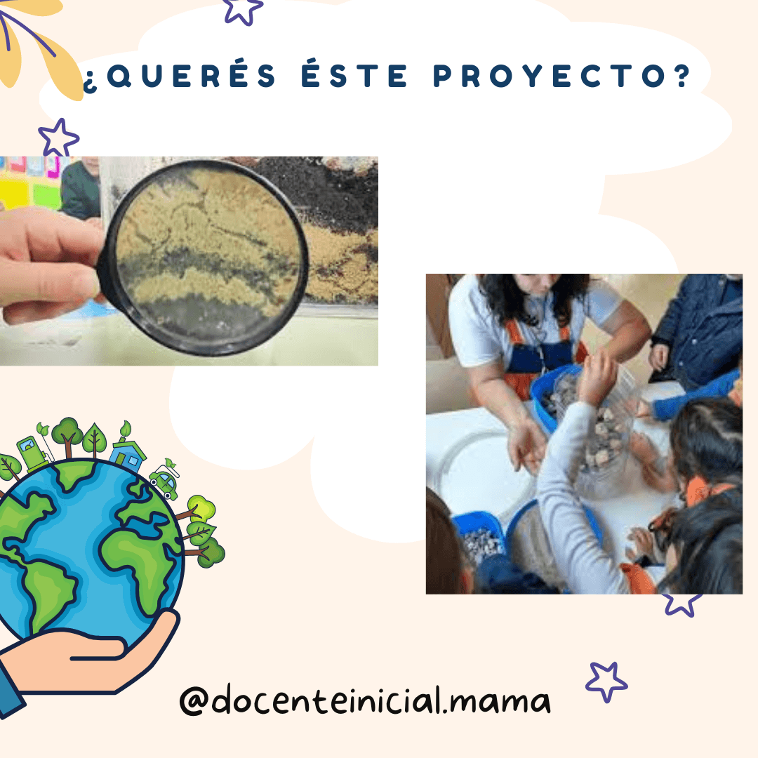 Collage con una lupa sobre tierra, una ilustración del planeta en una mano y una foto de personas manipulando recipientes con material del proyecto en una mesa.