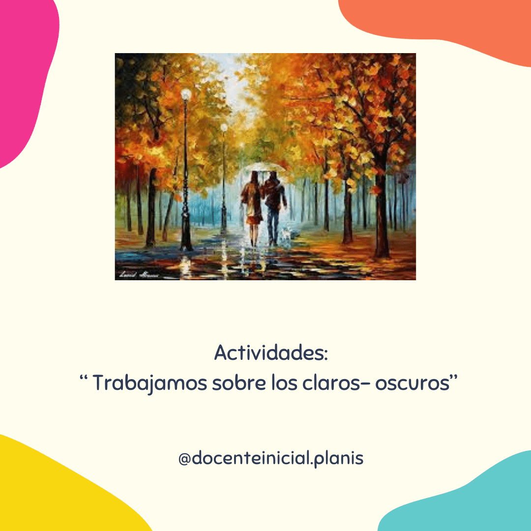 Pareja bajo la lluvia en un parque otoñal Pintura de una pareja caminando bajo un paraguas entre árboles con hojas naranjas y amarillas, sobre un sendero mojado con faroles al costado.