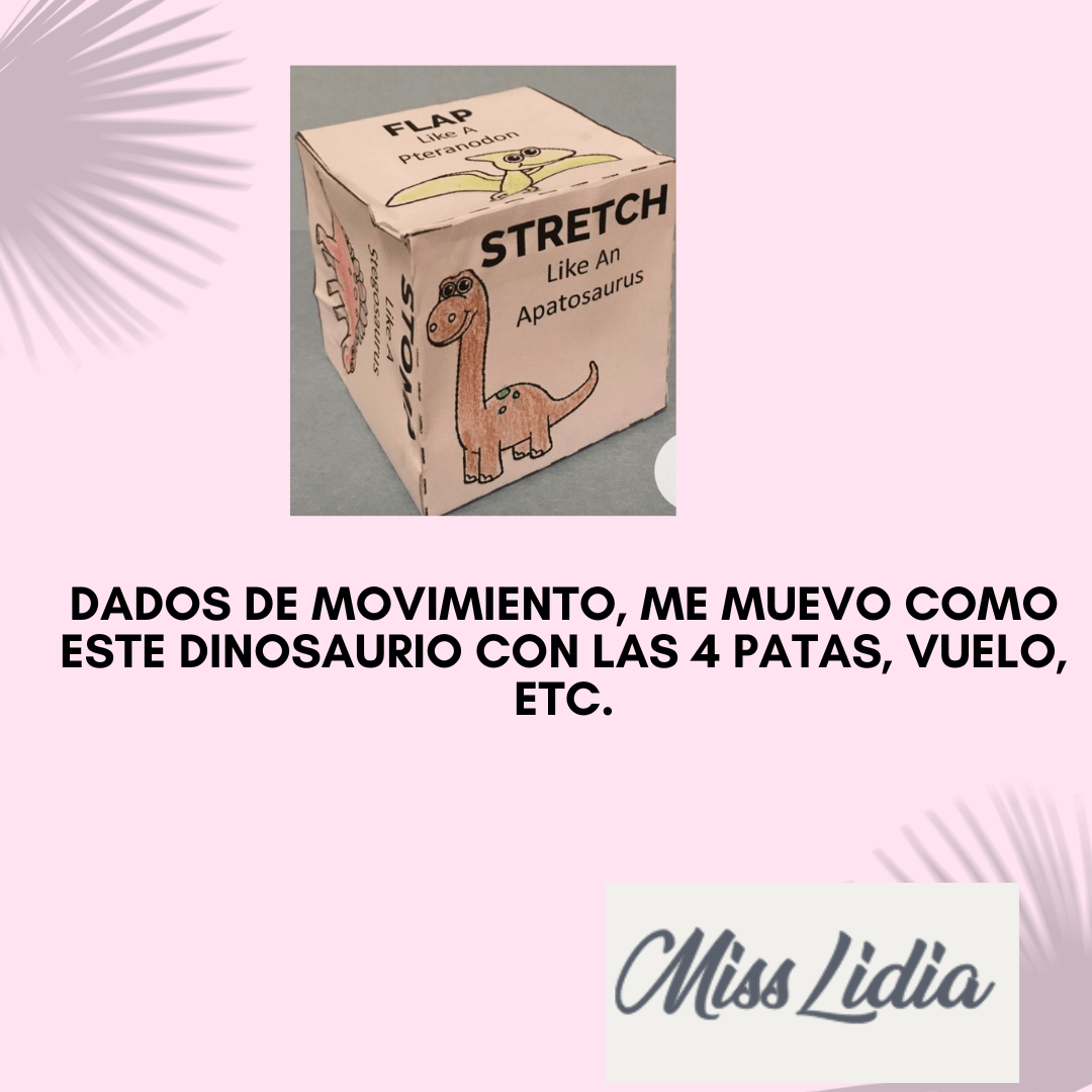 Caja didáctica con acciones de movimiento de dinosaurios Se ve una caja decorada con dibujos de dinosaurios y palabras en inglés asociadas a acciones o movimientos. El objeto está fotografiado sobre un fondo neutro.