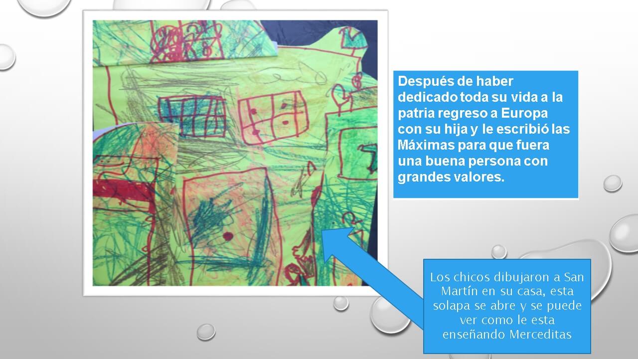 Producción de sala de 5 con un dibujo de una casa y texto sobre San Martín, Mercedes y las Máximas escritas para su hija.