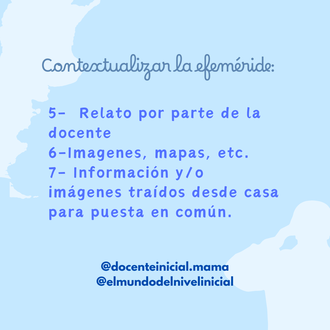 Diapositiva con ideas para contextualizar una efeméride sobre Malvinas Diapositiva celeste con el texto 'Contextualizar la efeméride' y una lista de sugerencias para trabajar en clase, sobre un fondo con siluetas blancas recortadas.