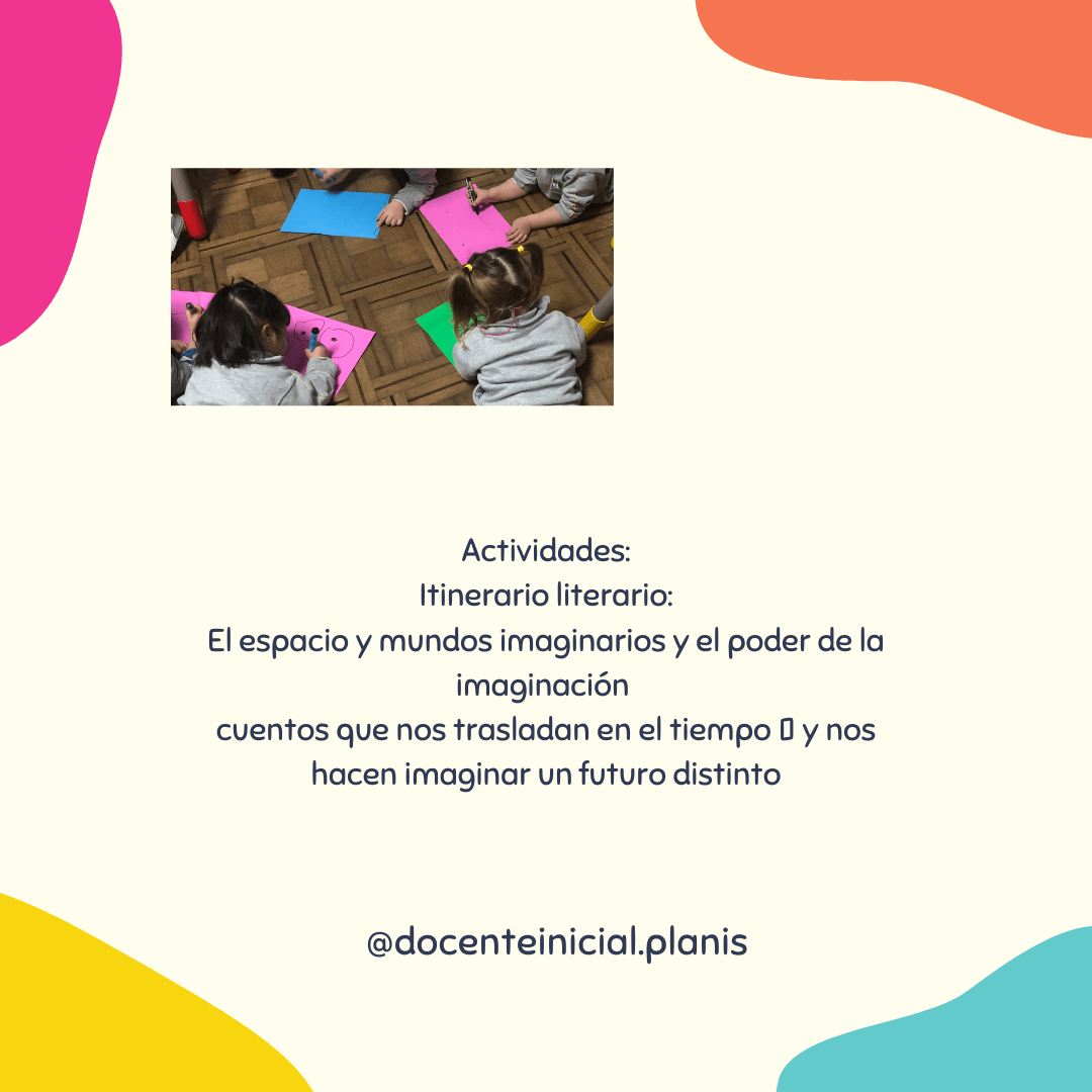 Placa de actividades con niños dibujando figuras Placa con una foto de varios niños sentados en el piso, dibujando sobre hojas de colores, y texto sobre un itinerario literario vinculado con el espacio y la imaginación.
