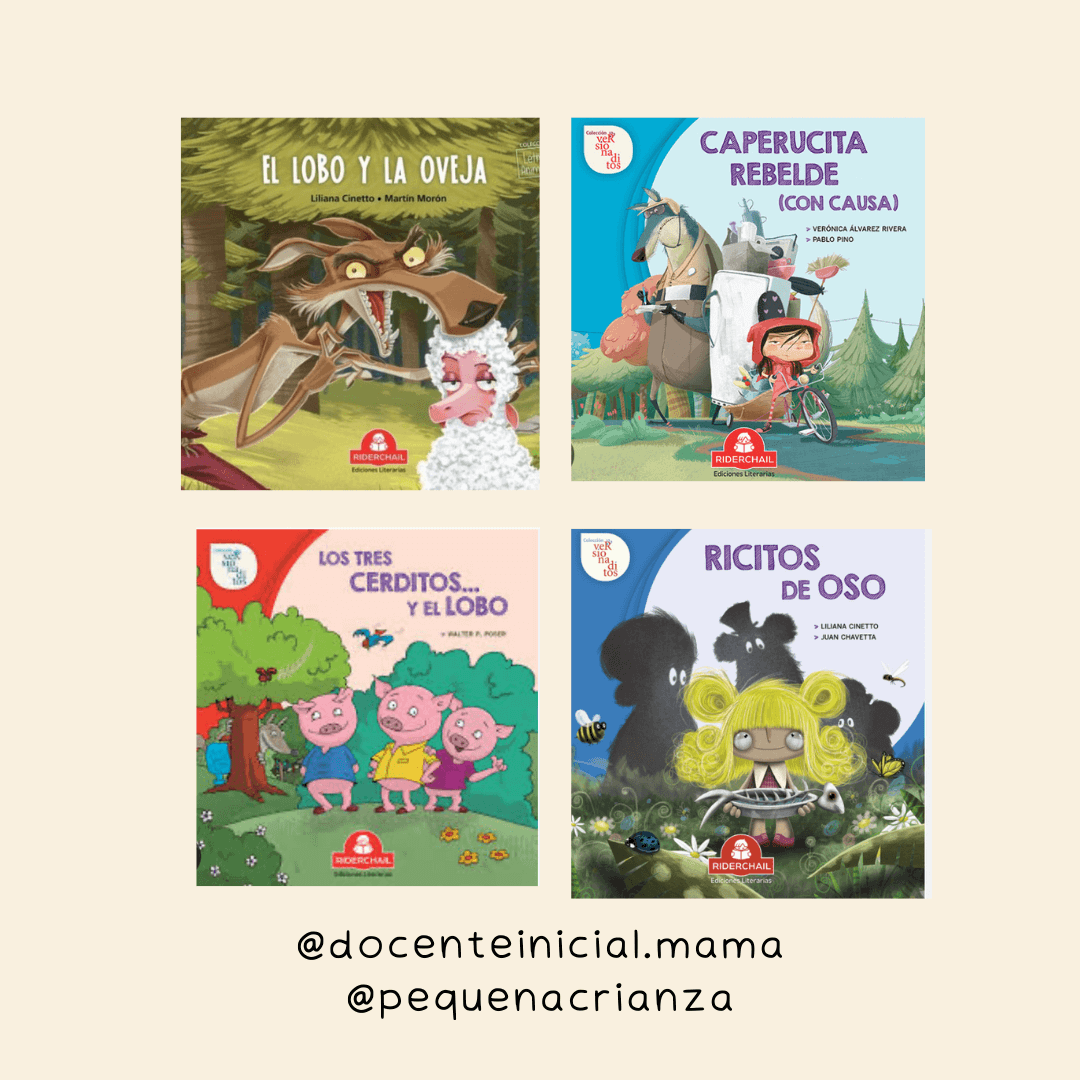 Selección de cuentos clásicos y reversiones con lobos Collage de las portadas de El lobo y la oveja, Caperucita rebelde, Los tres cerditos y el lobo y Ricitos de oso, sobre un fondo crema.