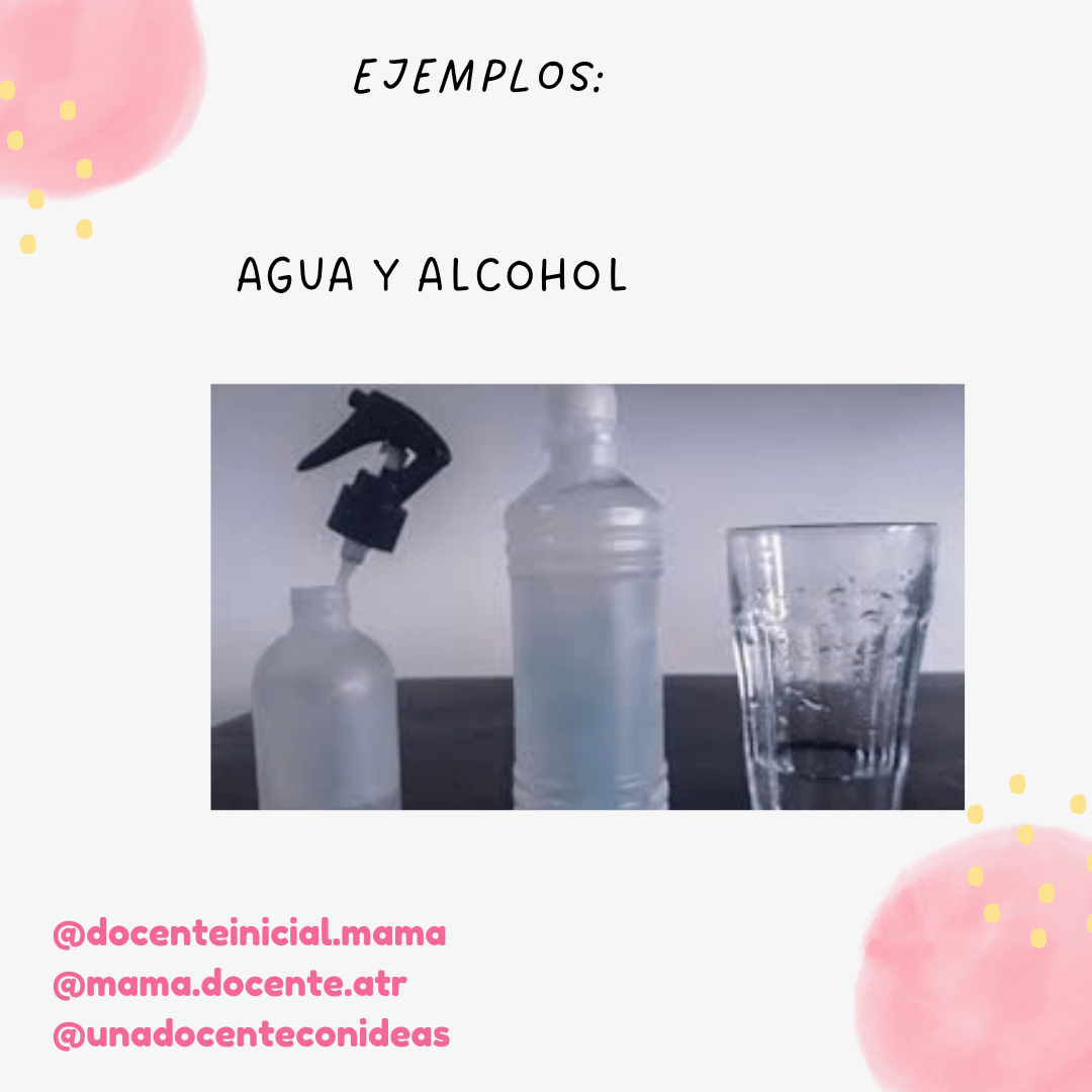 Imagen con una botella, un pulverizador y un vaso de vidrio, bajo el texto “agua y alcohol” como ejemplo de mezcla homogénea.