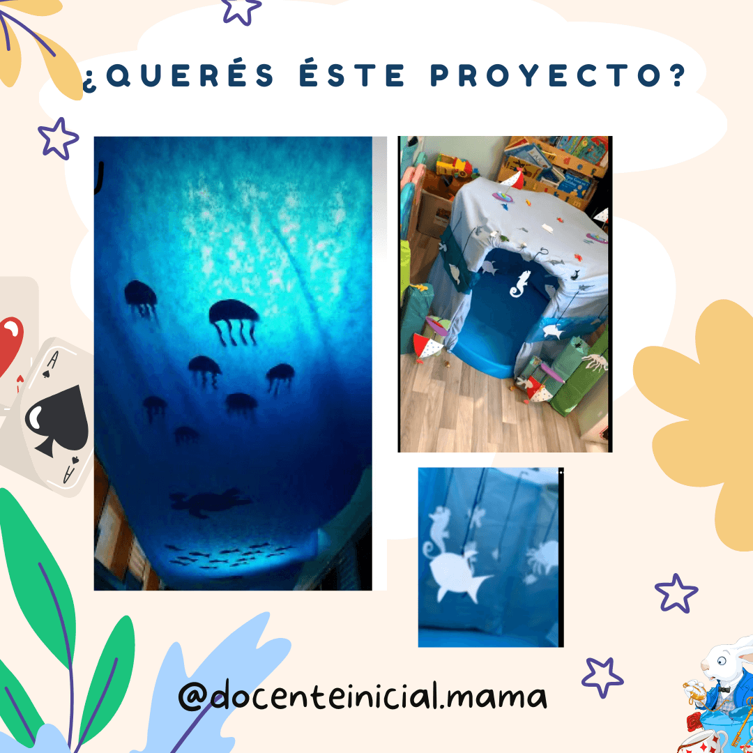 Colaje de un proyecto escolar sobre el fondo del mar Collage con varias fotos de una sala decorada como ambiente submarino, con telas azules, peces colgantes, medusas y elementos de juego en el piso.
