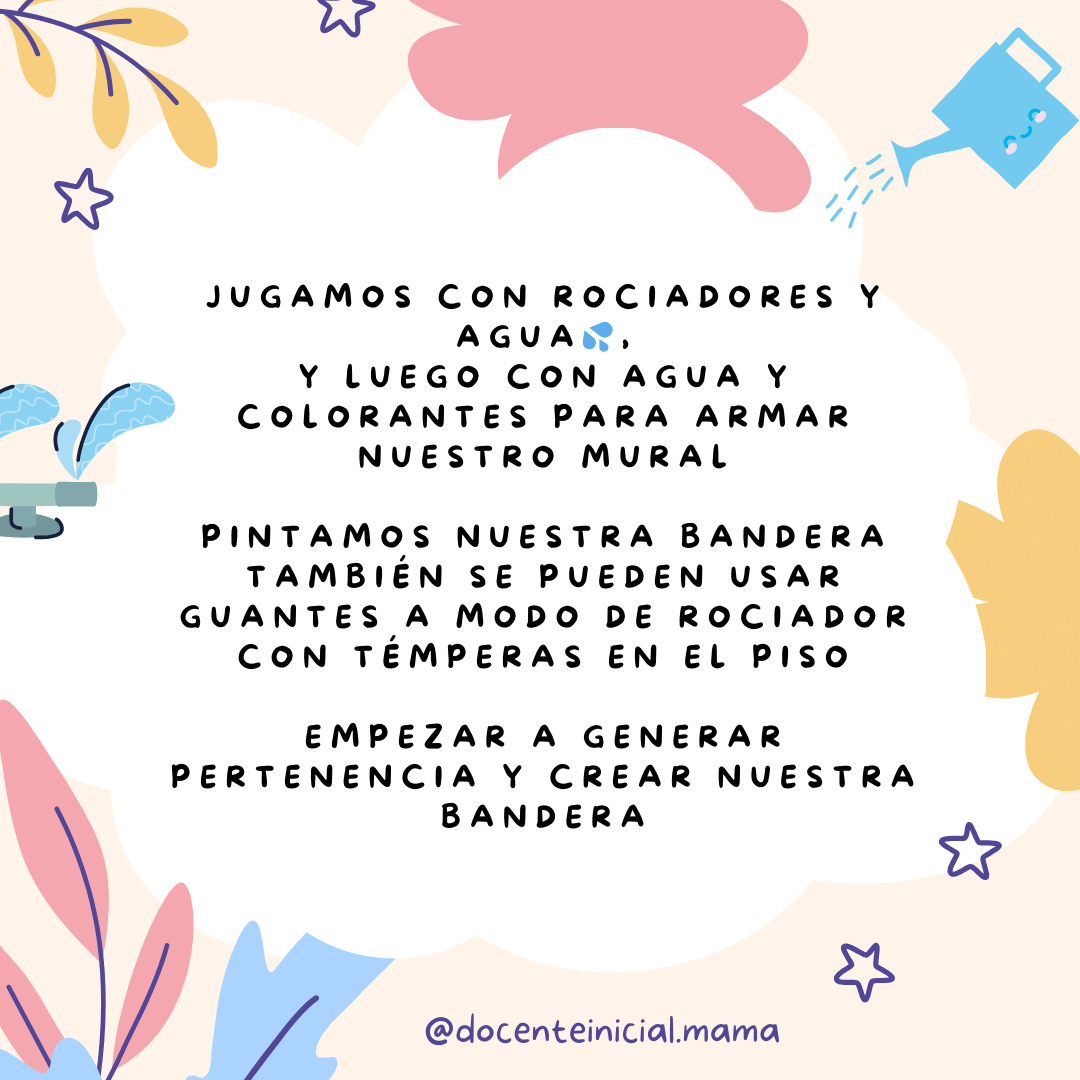 Juegos con rociadores y agua en el jardín Placa con propuestas de juego con rociadores, agua y colorantes para explorar y crear una bandera.