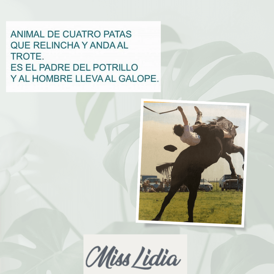 Adivinanza del caballo: animales y tradición Placa con una fotografía de un jinete sobre un caballo y una adivinanza sobre el animal que relincha y anda al trote.