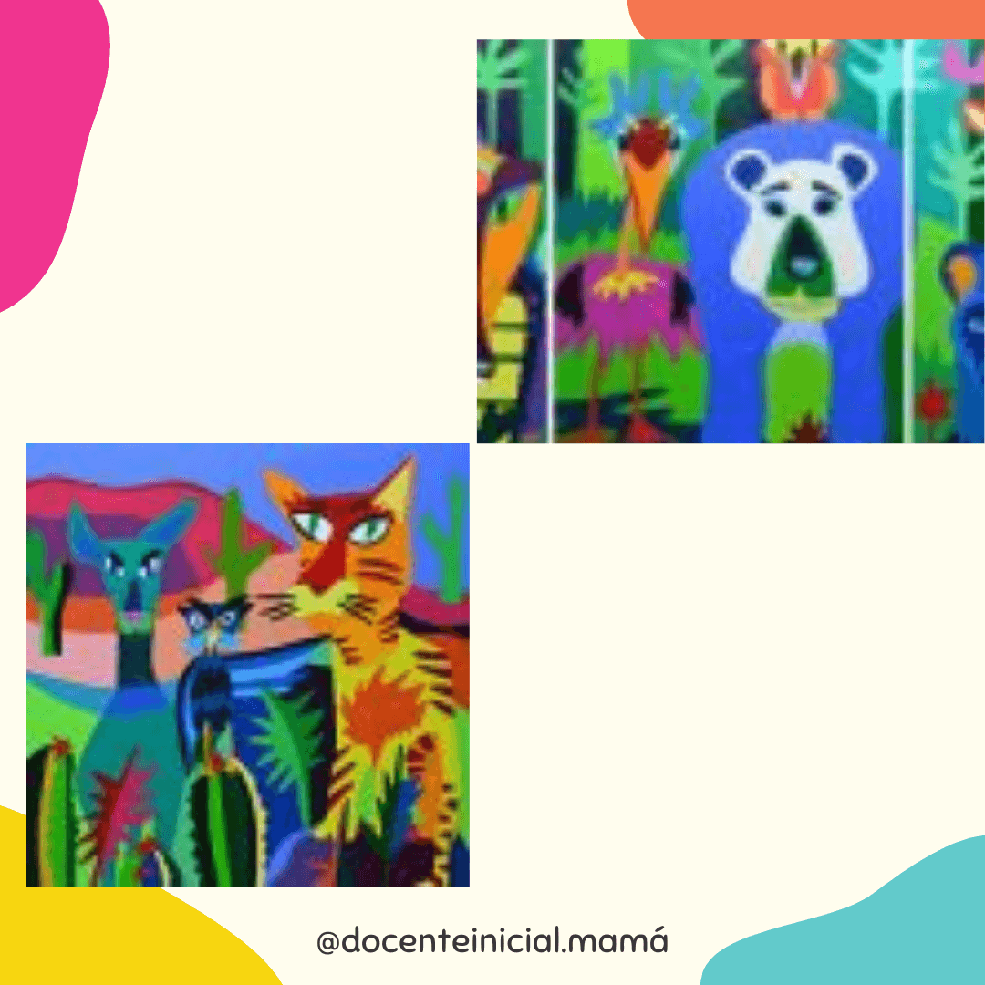 Collage con reproducciones coloridas de animales de Gonzalo Álvarez, con un oso y felinos entre formas vegetales.