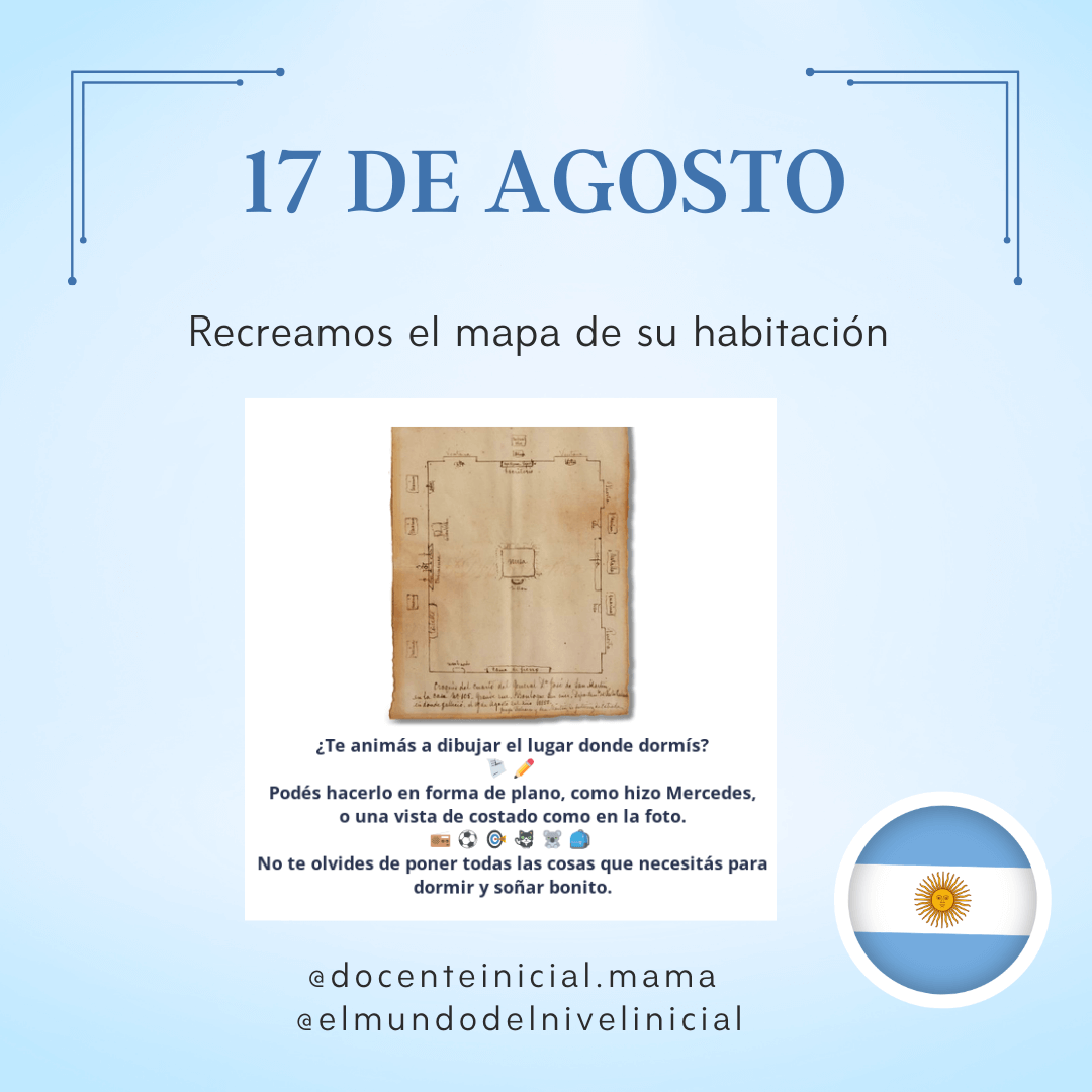 Afiche con el título “17 de agosto” y la frase “Recreamos el mapa de su habitación”. Al centro se ve una imagen pequeña de un plano antiguo dibujado a mano, con texto inferior y un círculo con la bandera argentina.