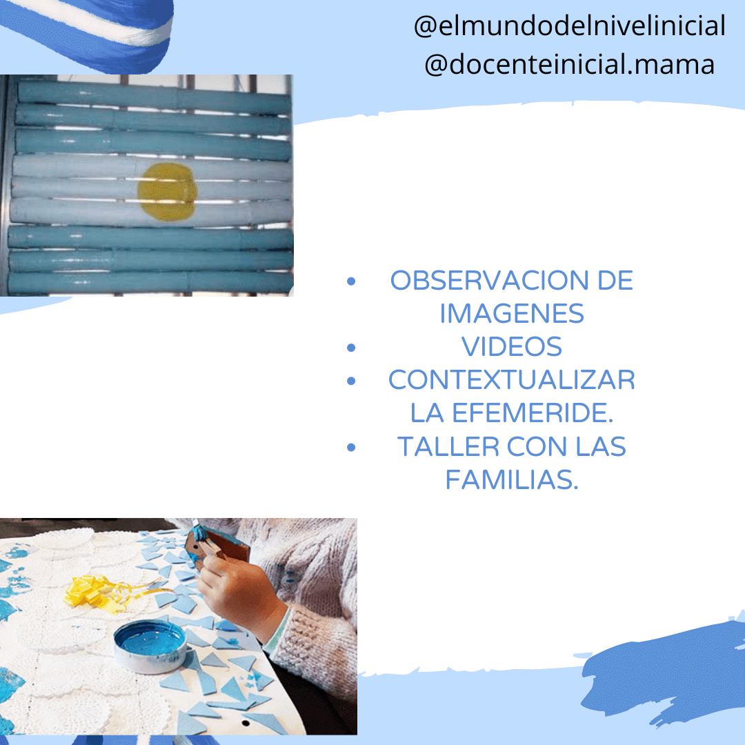Actividad escolar con una bandera hecha con materiales artesanales Foto de una superficie decorada con franjas celestes y blancas y un sol amarillo, junto a otra imagen de una persona recortando o pegando piezas de papel en una mesa de trabajo.