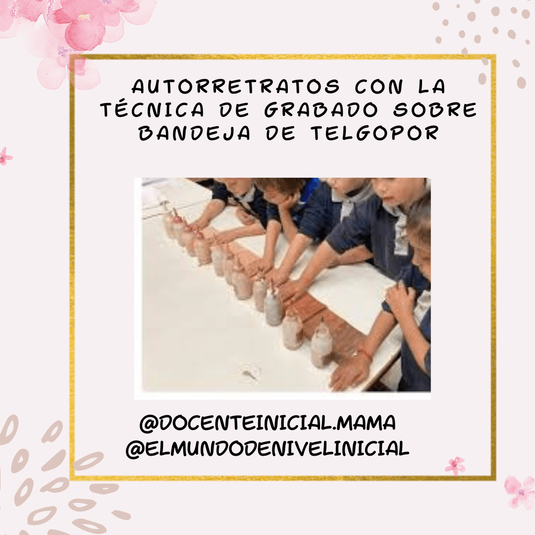 Niños manipulando materiales en una mesa de trabajo Placa sobre autorretratos mediante grabado, con una fotografía de niños y niñas apoyando las manos junto a recipientes y materiales dispuestos sobre una mesa.