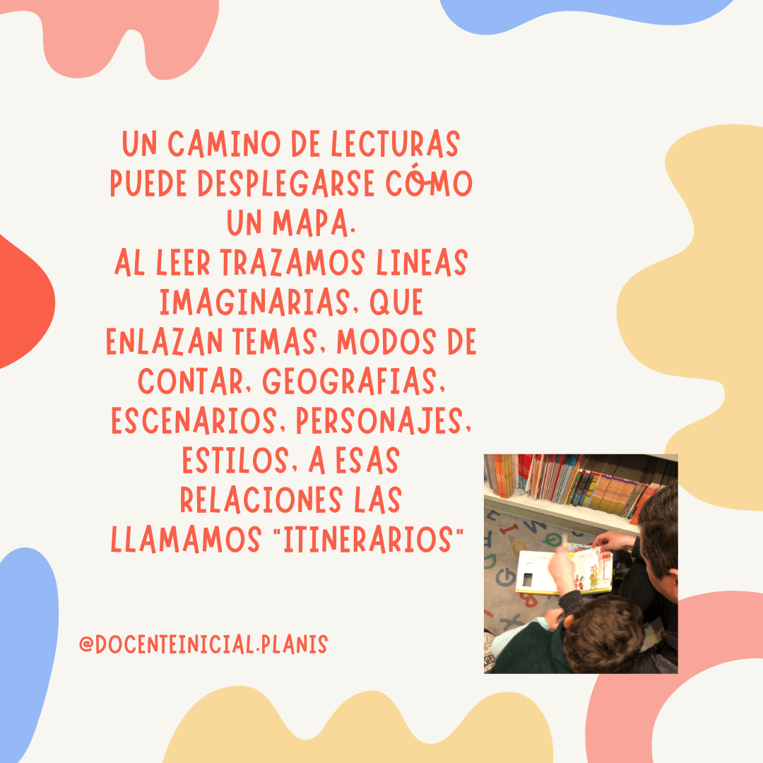 Un mapa de itinerarios lectores Placa con texto centrado que explica que un camino de lecturas puede verse como un mapa, acompañado por una pequeña foto de una persona hojeando un libro frente a una estantería.
