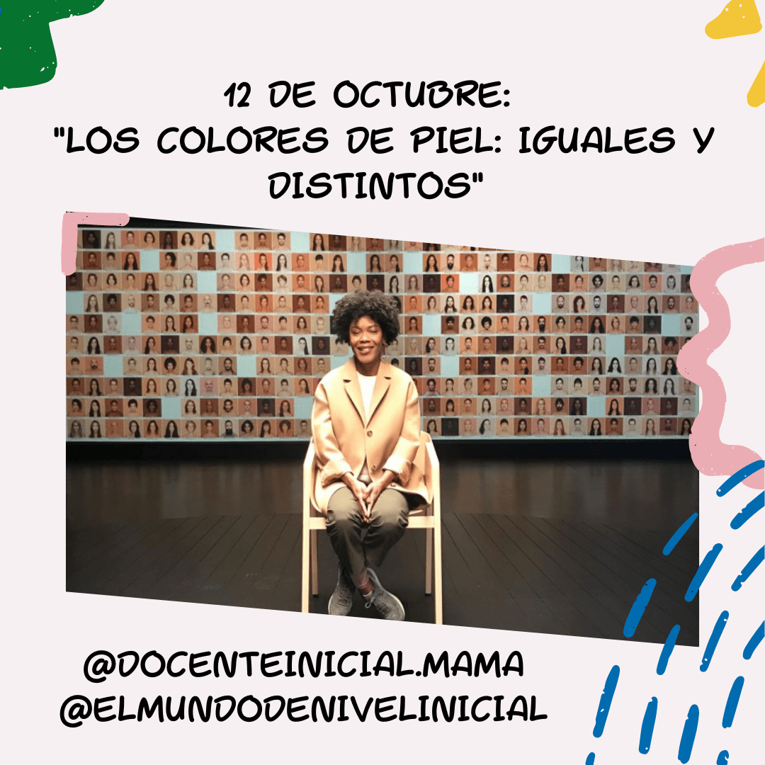 Mujer sentada frente a un muro con retratos de colores de piel Una mujer está sentada en una silla delante de una gran pared cubierta por numerosas pequeñas fotos o retratos en diferentes tonos de piel, en un espacio interior amplio.