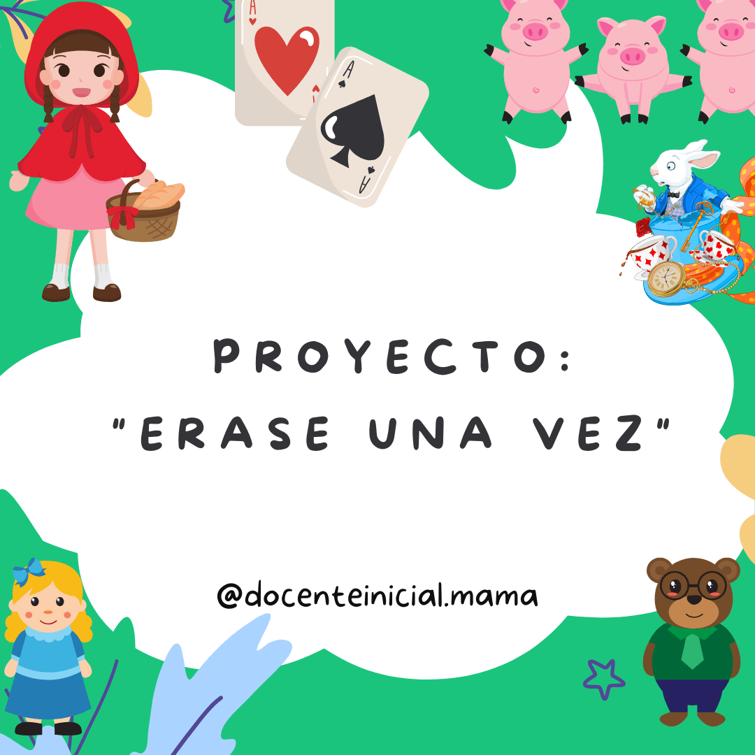 Érase una vez: un proyecto con personajes de cuentos Placa del proyecto Érase una vez con dibujos de Caperucita Roja, los tres chanchitos, Alicia, un oso y cartas de juego sobre un fondo blanco y verde.