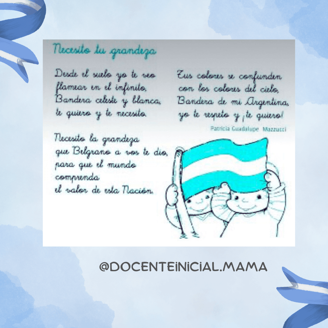 Placa con un poema atribuido a Patricia Guadalupe Mazzucci y un dibujo de dos niños sosteniendo una bandera celeste y blanca.