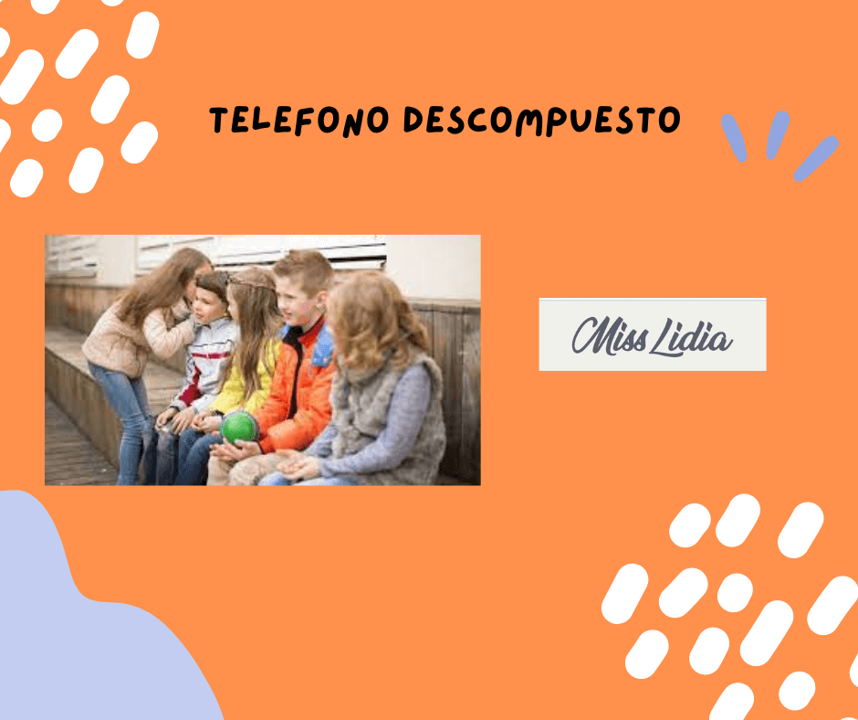 Teléfono descompuesto para sala de 4 Ficha con fondo naranja y una foto de varios niños sentados en un banco mientras uno se inclina para hablarle a otro al oído, como en un juego de comunicación oral.