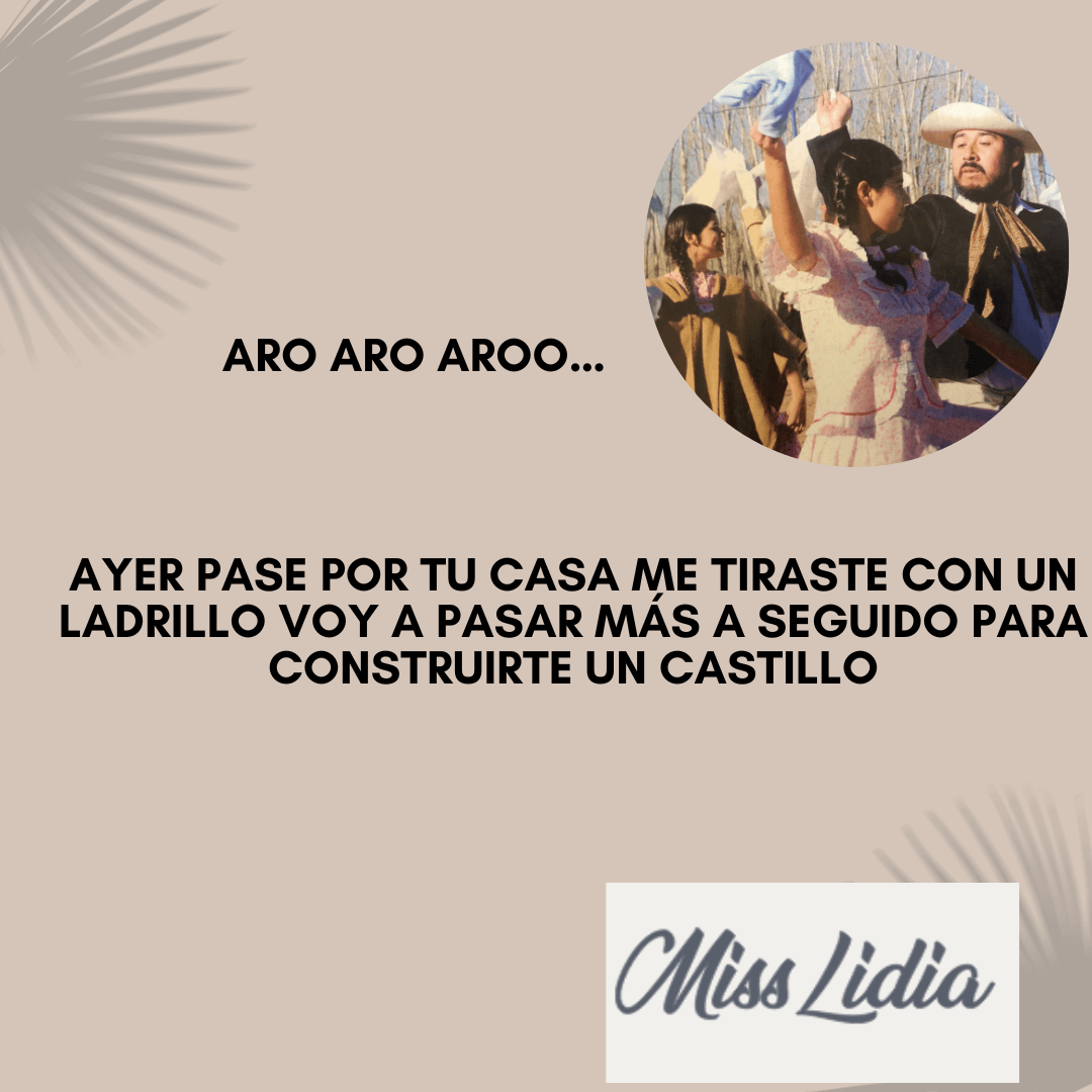 Relaciones gauchescas: construir un castillo Diseño beige con una foto circular de personas vestidas con ropa tradicional, una bailando frente a un hombre con sombrero. El texto incluye “Aro aro aroo…” y una frase sobre un ladrillo y construir un castillo.